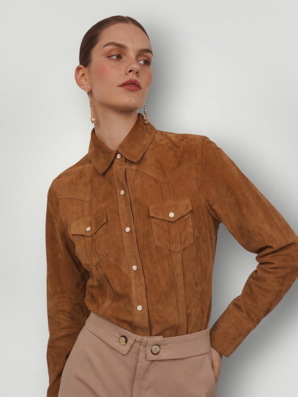 Vintage Gap 1969 Genuine Suede Western Pearl Snap Shirt XS Camel Y2K Cowgirl Cor